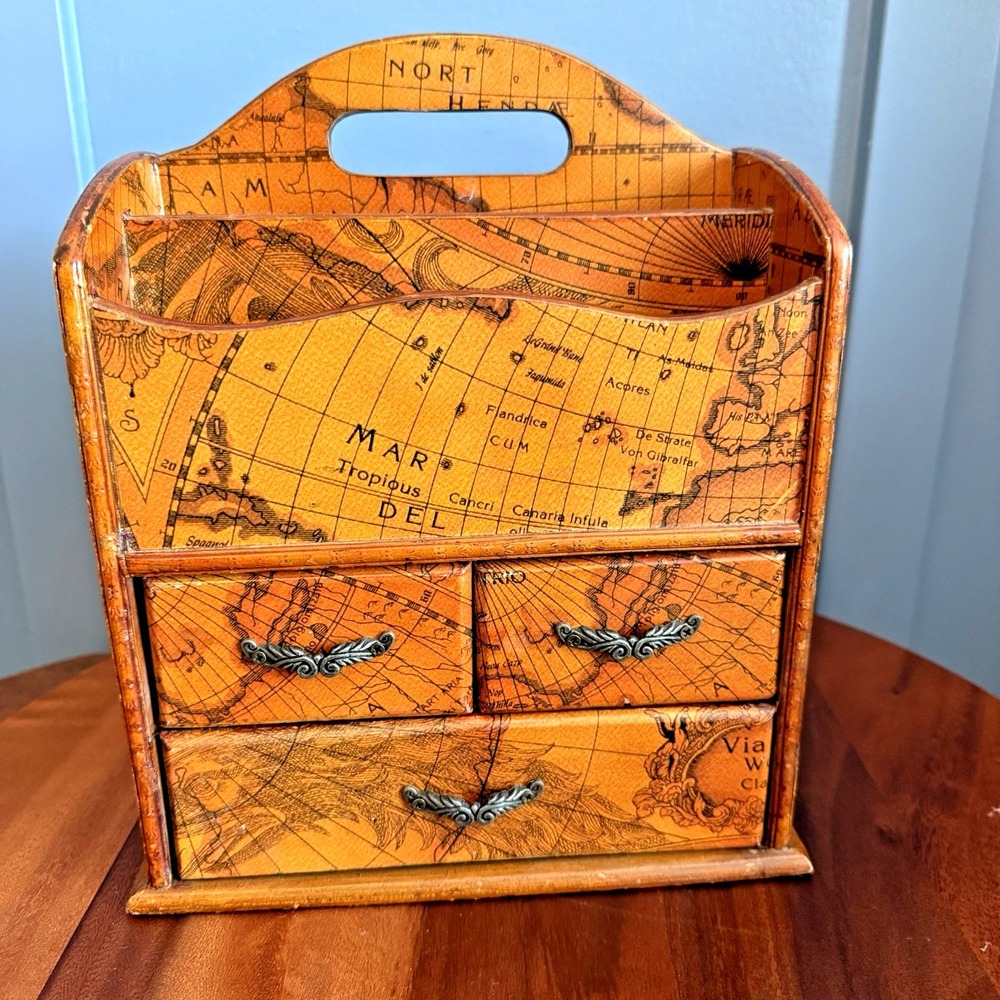 Vintage World Map Desktop Organizer Caddy 3 Drawer Wooden Office Storage